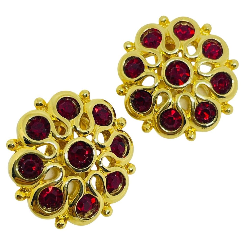 Vintage gold tone red rhinestones designer clip on earrings